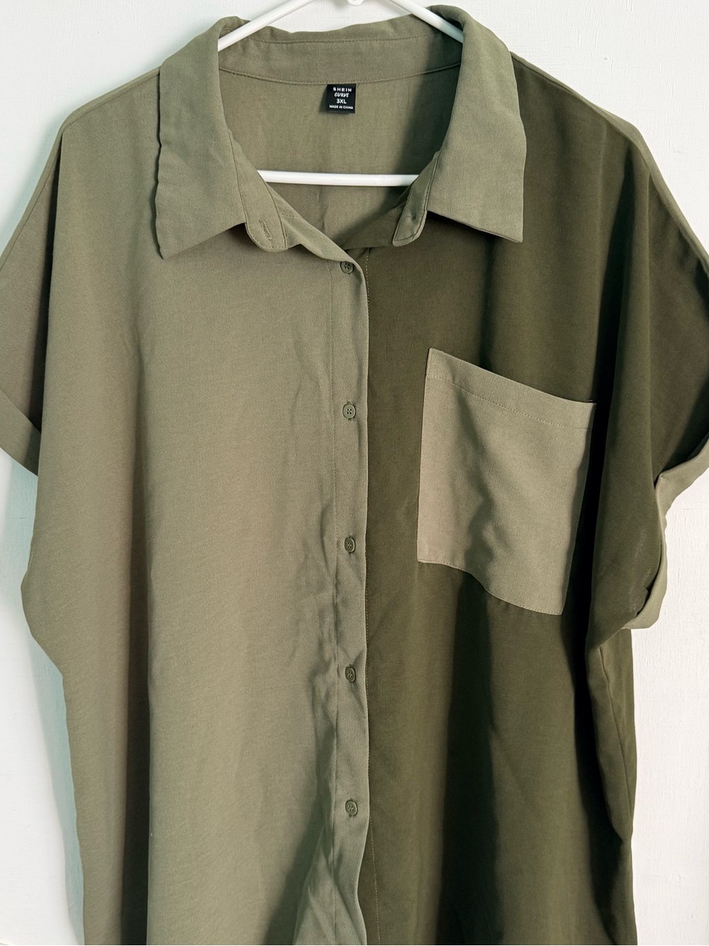 Button-Front Two-Tone Olive Green Short Sleeve Top